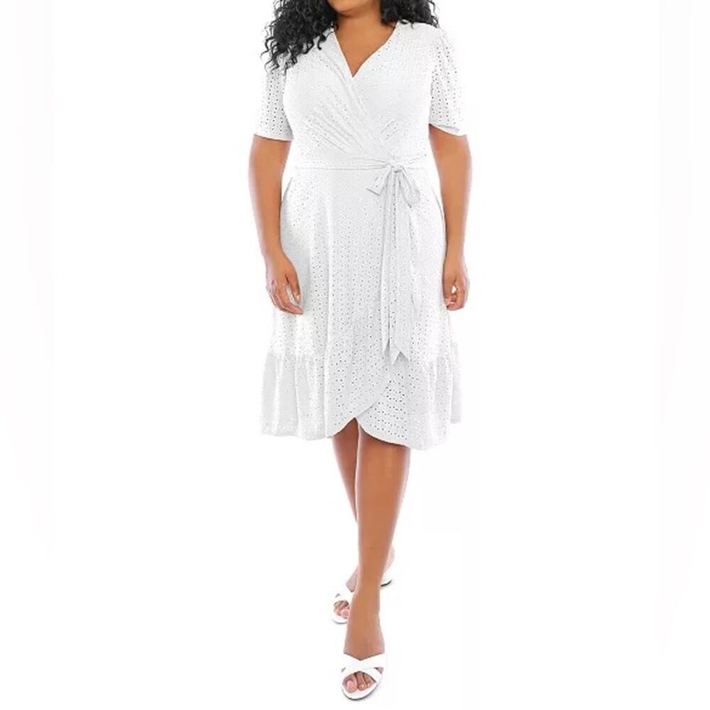 London Times Plus Size Eyelet Wrap Dress Ivory Women’s Sz 16W